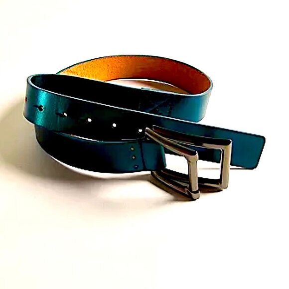 Free People Rowan Metallic Green Leather Boho Double Buckle Belt Size XS/SM NWT - Picture 5 of 11